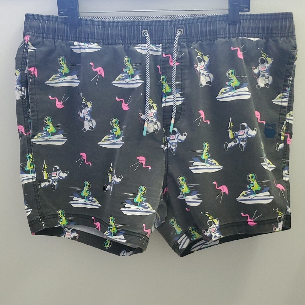 Party Pants Novelty Alien & Astronaut Swim Shorts in Black with Neon Accents XXL